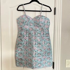 SHEIN MOD Blue & Pink Floral Jacquard Dress